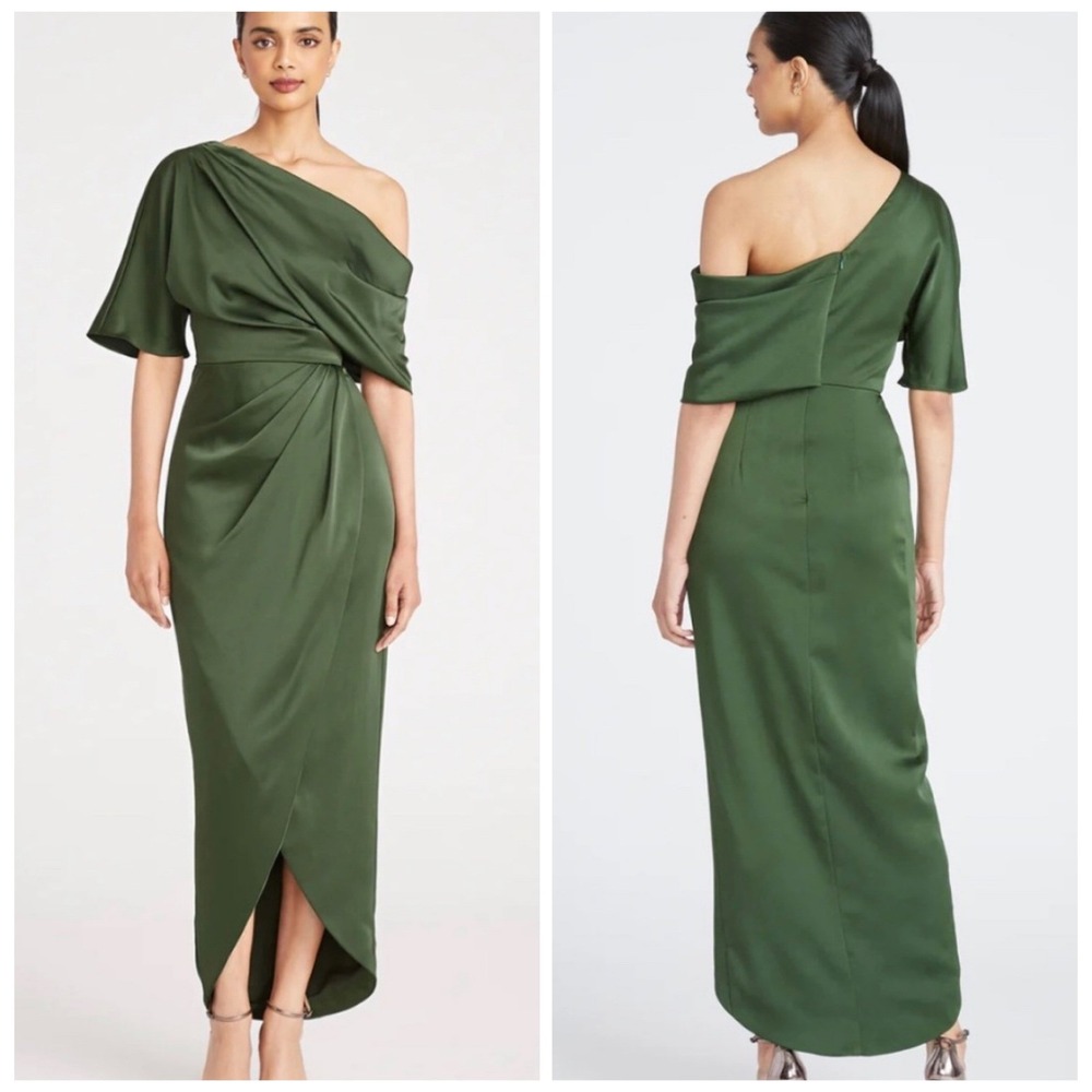 THEIA Rayna One Shoulder Gown 16 Moss Green Satin Draped Formal Evening Dress